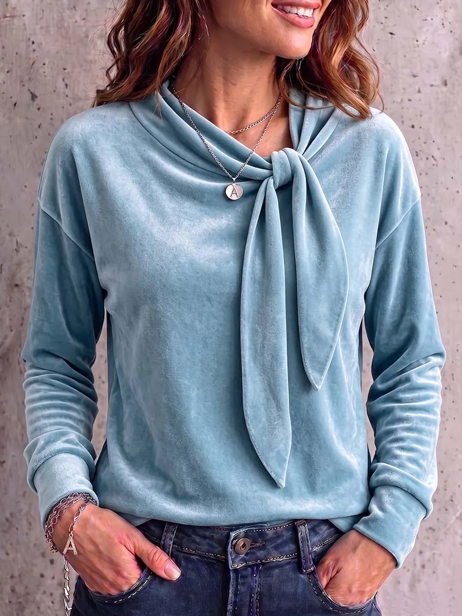 Women's Solid Color Round Neck Tie-waist Long Sleeve Casual Loose Velvet Top