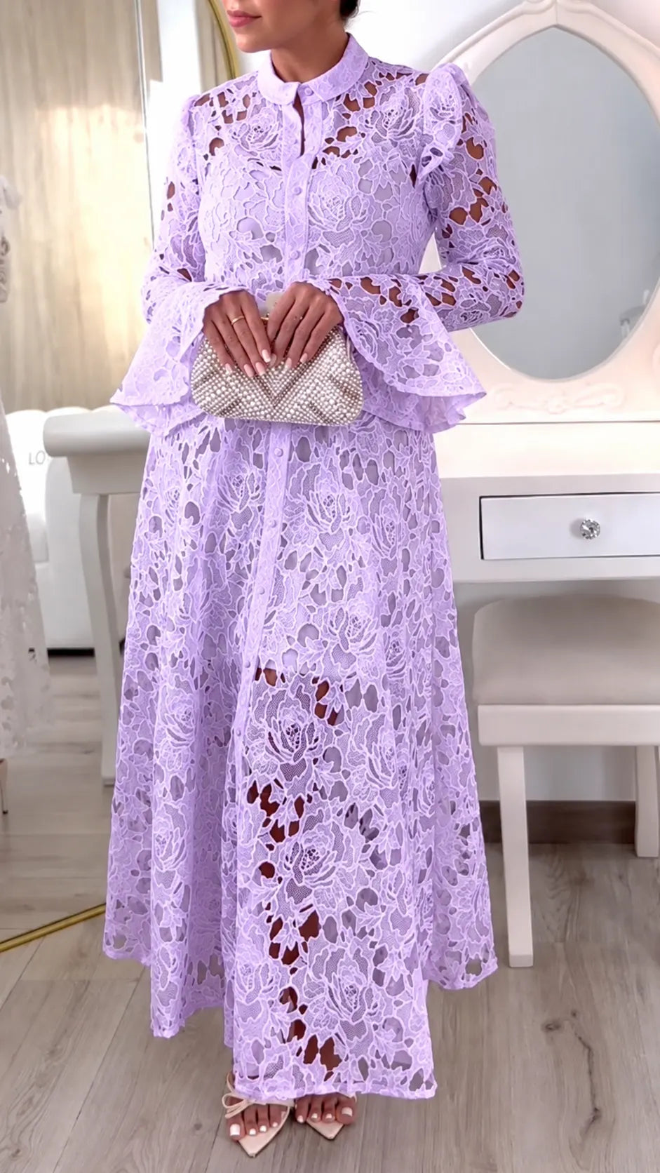 Lace Belted Long Sleeve Maxi Dress