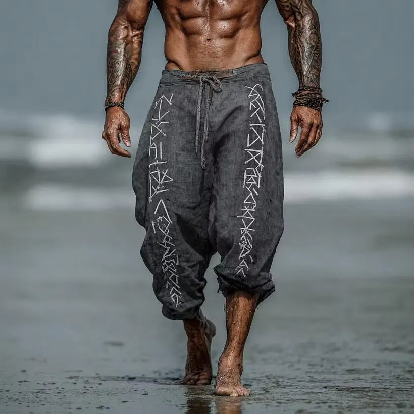 Men Viking Rune Linen Harem Pants