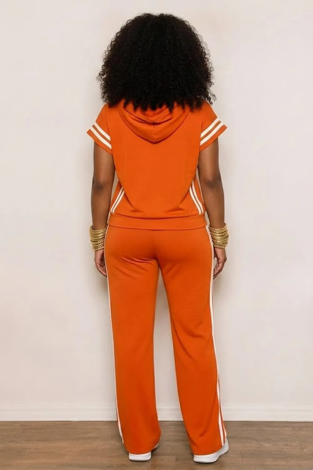 Contrast Piping Cap Sleeve Hooded Top Straight Pants Casual 2pcs Set-Orange