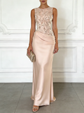 Purplish Blue Embroidery Satin Crew Neck Sleeveless Sheath Gown Dress