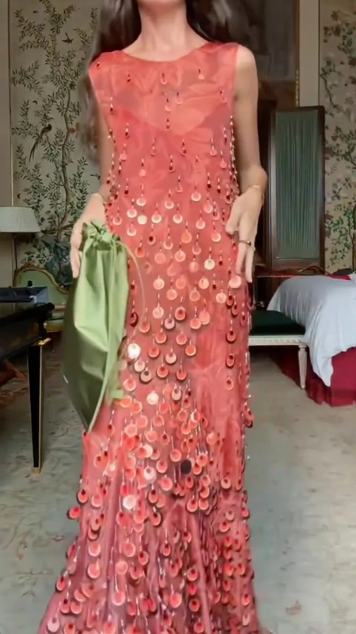 Sequin Fringe Sleeveless Maxi Evening Gown