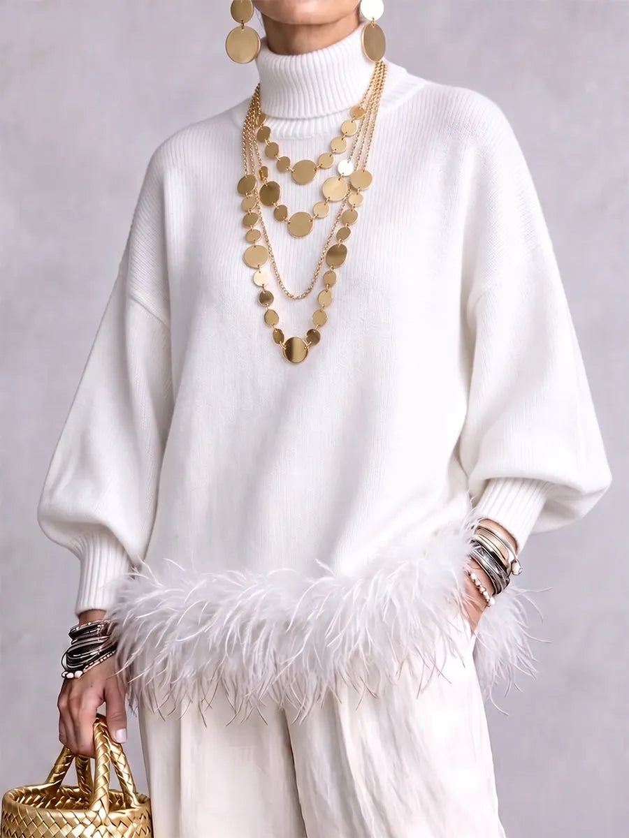 Elegant Feather-Trimmed Turtleneck Knit Sweater