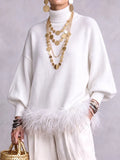 Elegant Feather-Trimmed Turtleneck Knit Sweater