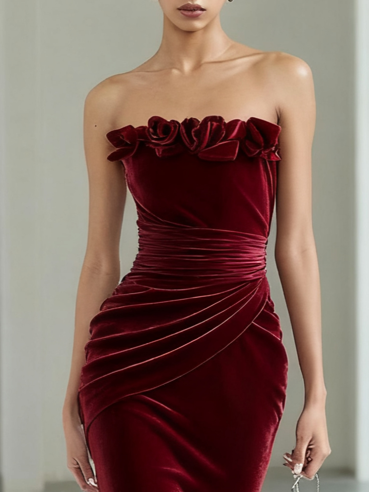 Wine Red 3D Floral Velvet Strapless Sleeveless Sheath Gown Dress