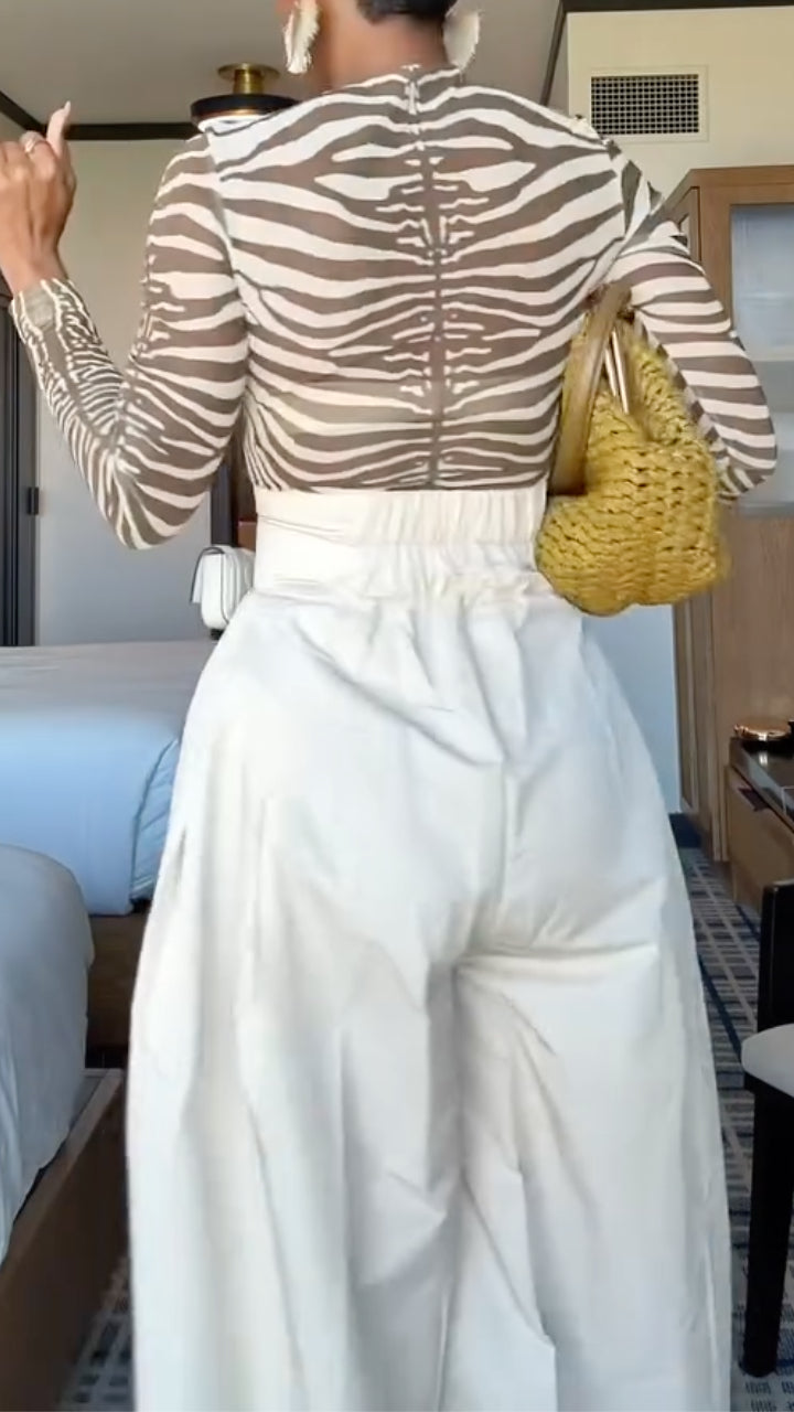 Zebra Print Mesh Top And White Wide Leg Pants Set