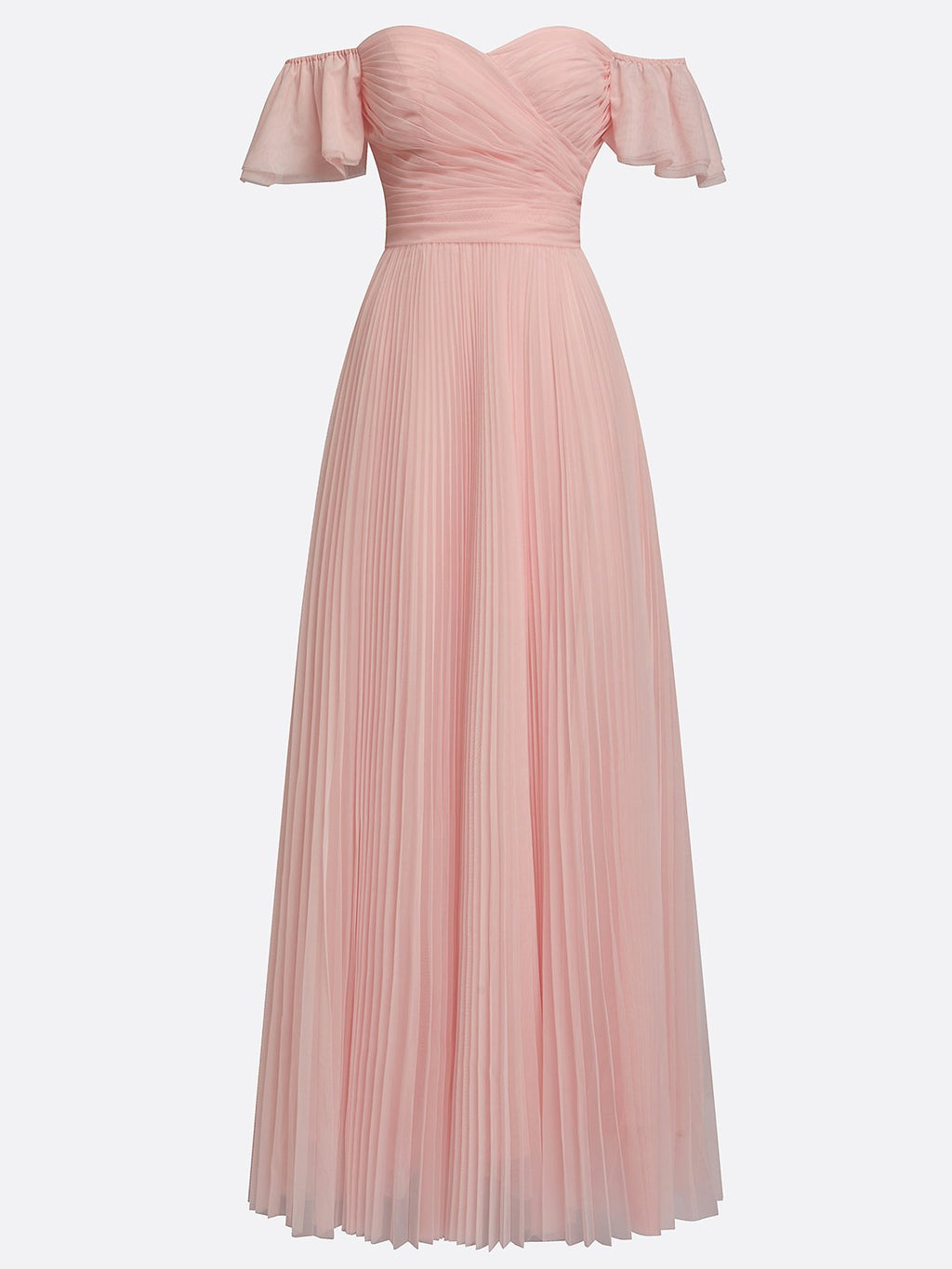 Pink Ruffled Pleated Tulle Off The Shoulder Short Sleeve A-Line Gown Dress