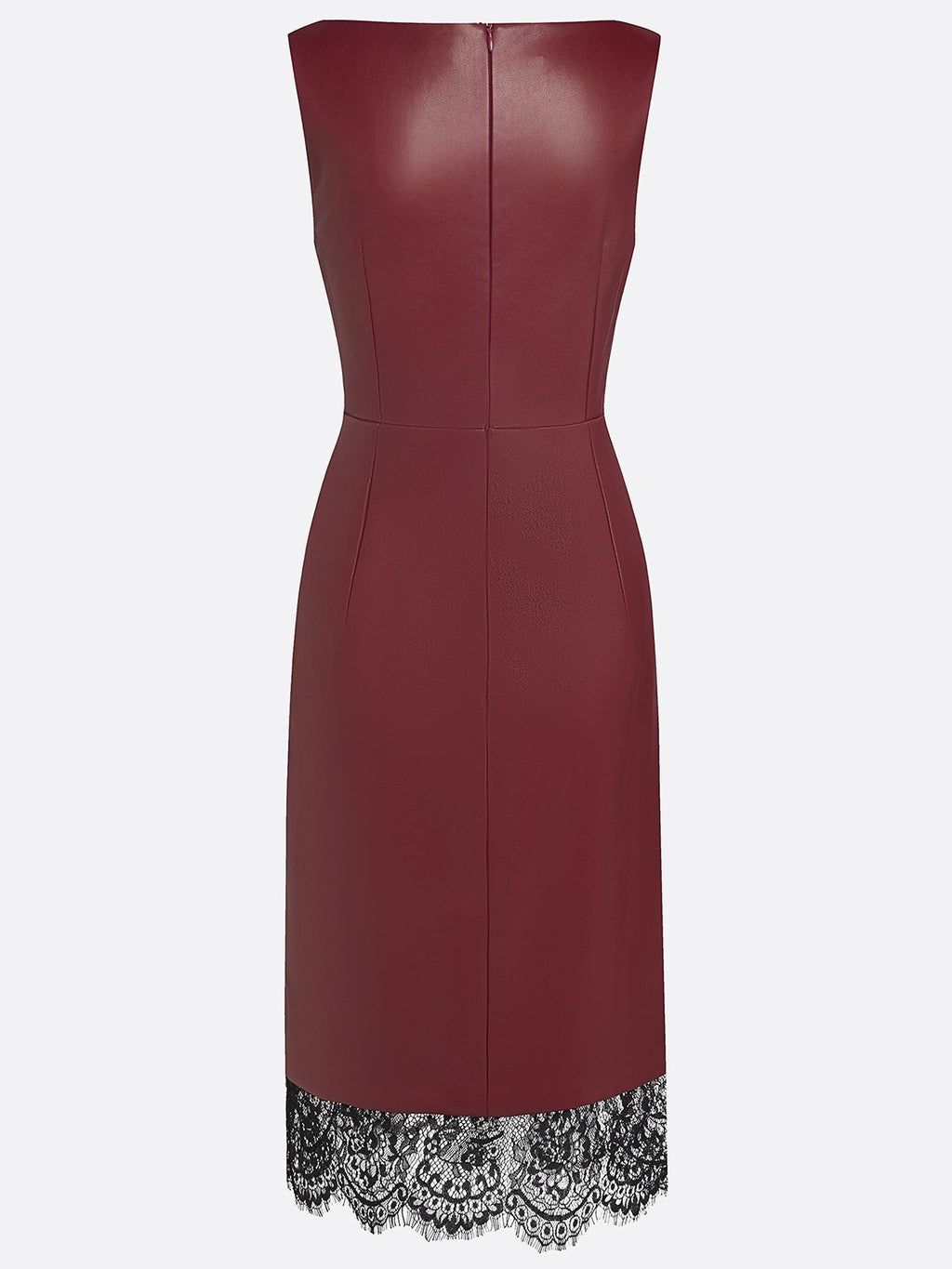 Burgundy Faux Leather Lace Ruched Classic Boat Neck Sleeveless Shift Midi Dress