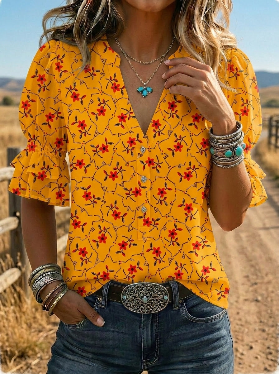 Women's Retro Floral Art Puff Sleeve Casual Shirt