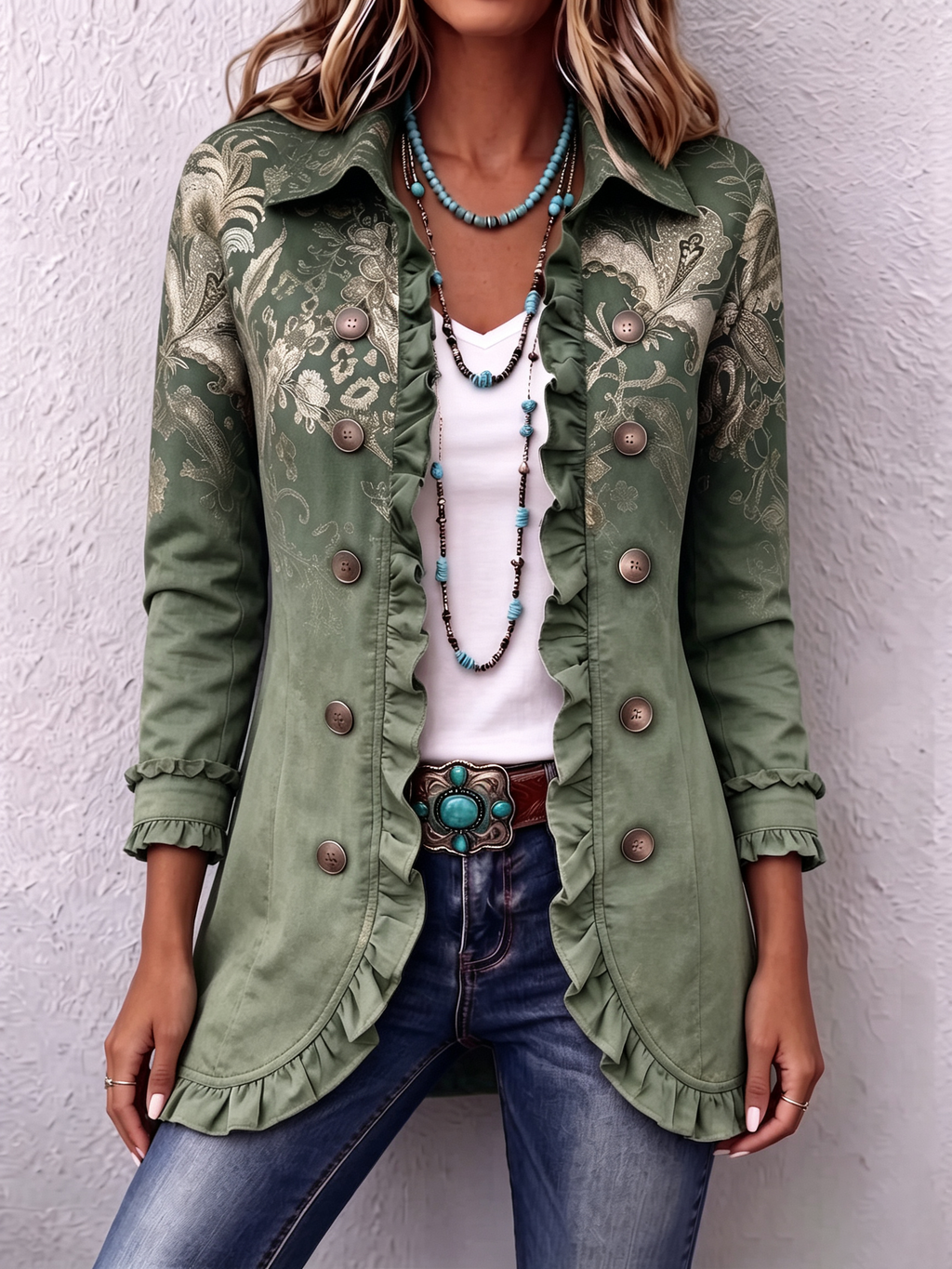 Bohemian Gold Floral Print Ruffle Jacket
