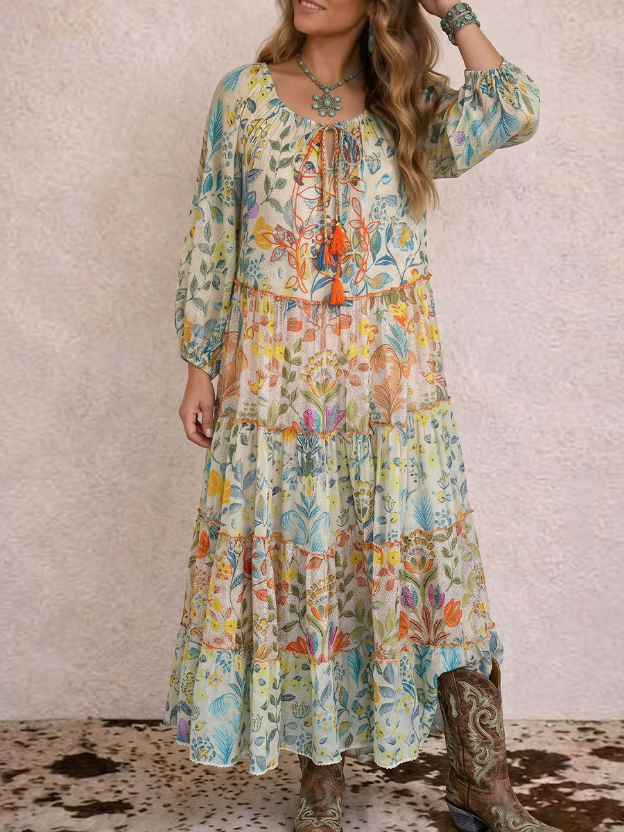 Vintage Art Comfortable Summer Fabrics Patchwork Floral Casual Dress