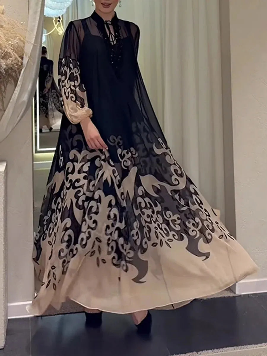 Women's V-neck Chiffon Printed Dress Set
