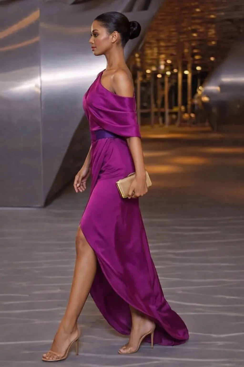 Satin One Shoulder Ruched Waist Asymmetric Maxi Dress