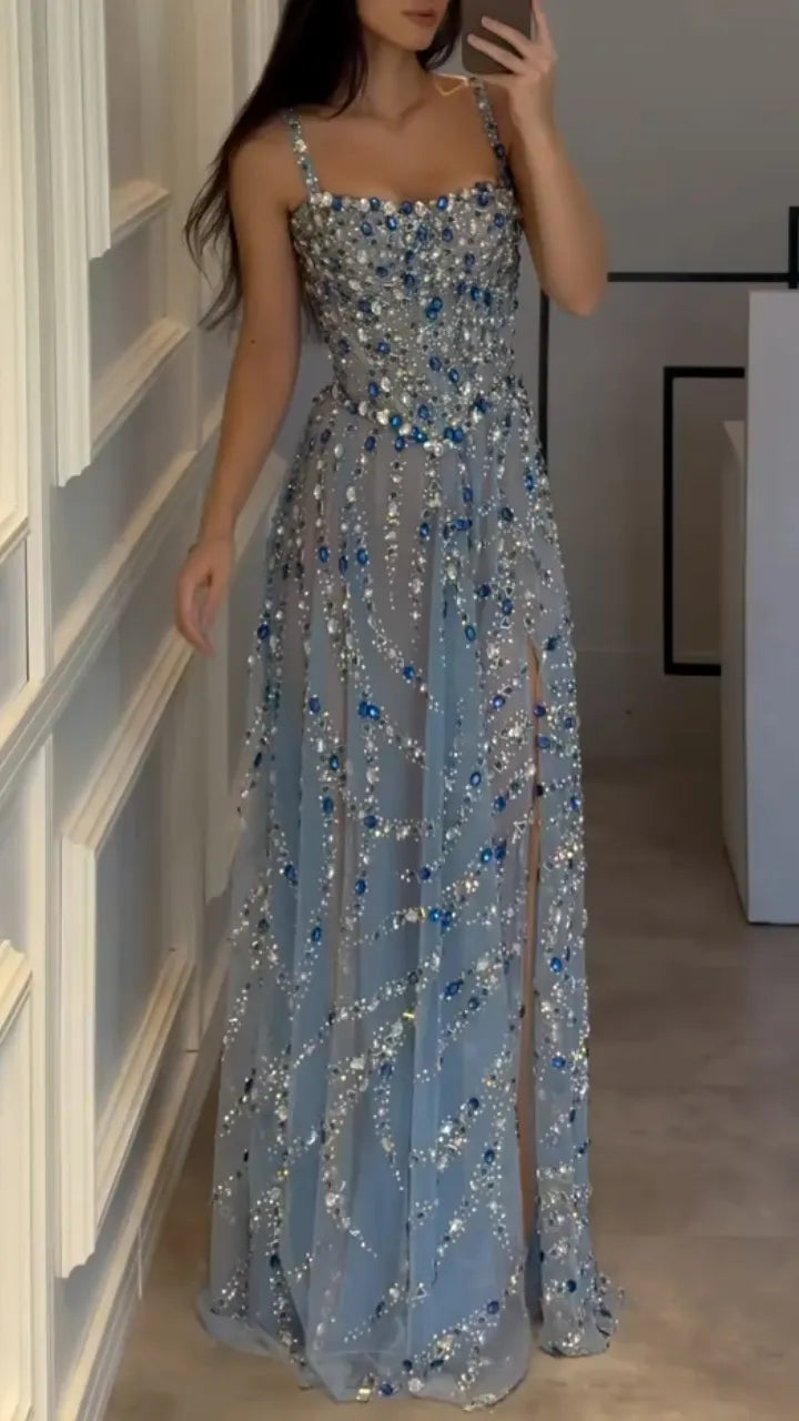 Rhinestone Beaded Slit Formal Maxi Dress