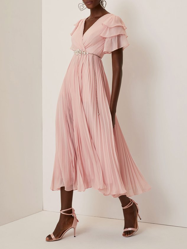 Purplish blue Pleated Rhinestone Chiffon V Neck Short Sleeve Ruffle Sleeve A-Line Maxi Mother of the Bride or Groom Dress