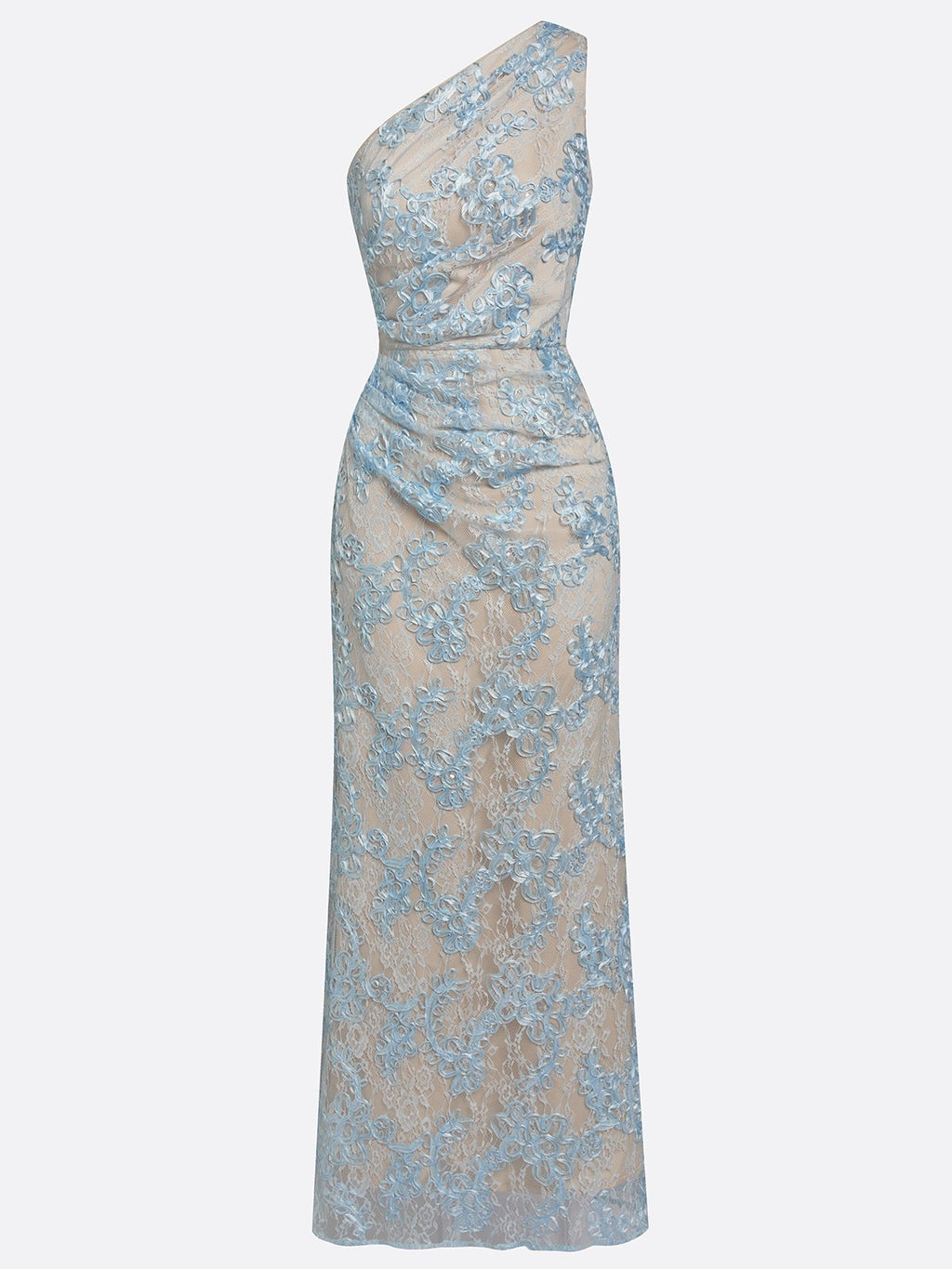 Light Blue Lace Jacquard One Shoulder Sleeveless Mermaid Floor-length Gown Dress