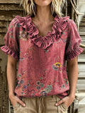 Women's Vintage Botanical Floral Print Ruffle V-Neck Puff Sleeve Blouse