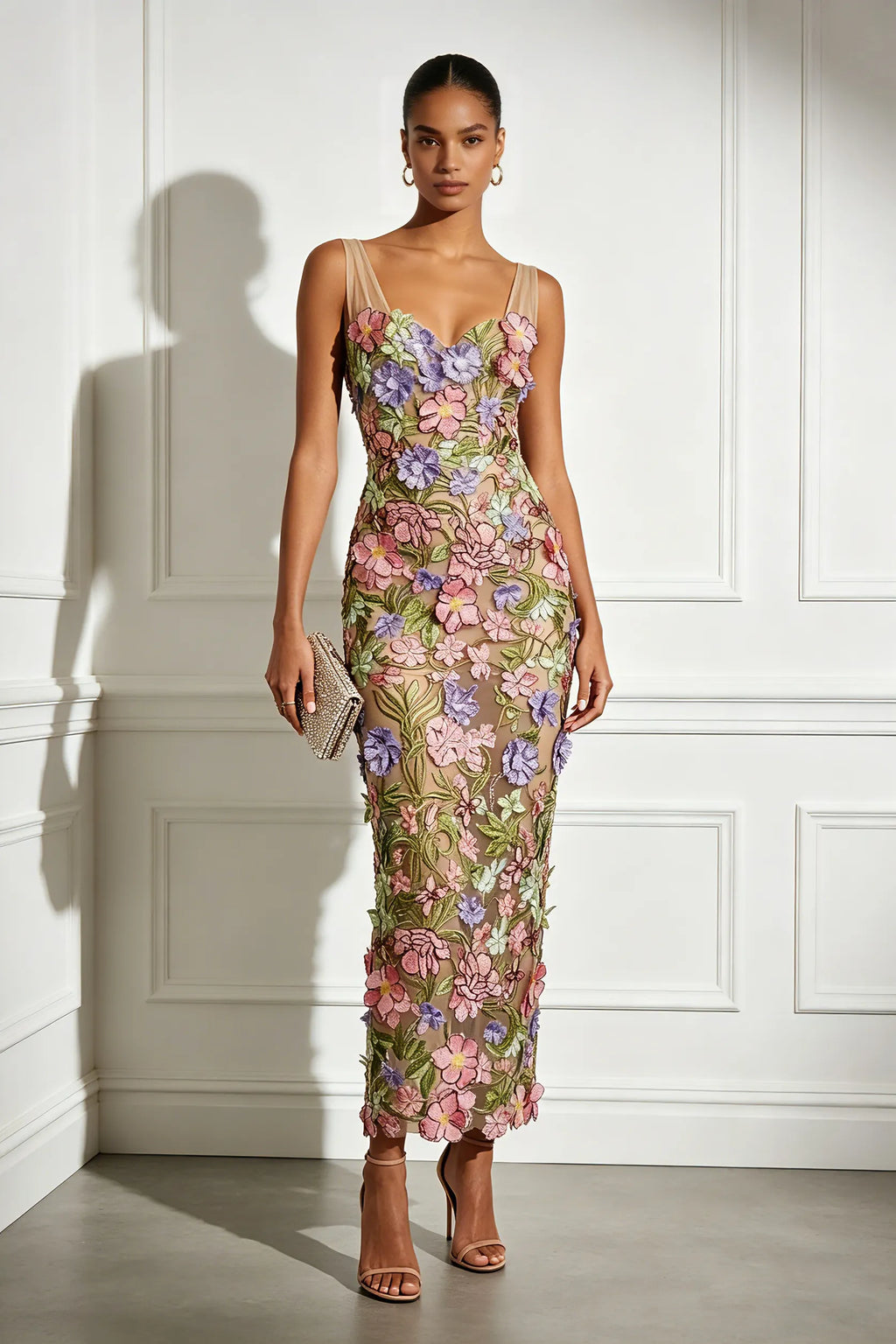 Pink 3D Floral Lace Applique V Neck Sleeveless Sheath Maxi Dress