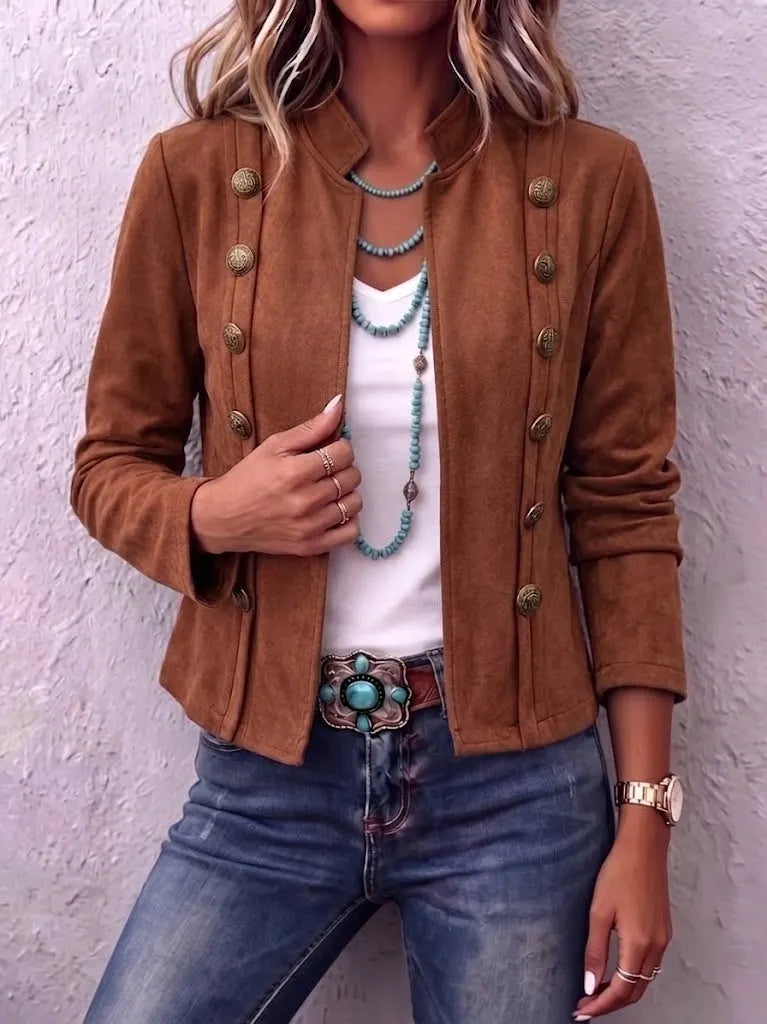 Stand Collar Double-breasted Suede Vintage Cropped Jacket