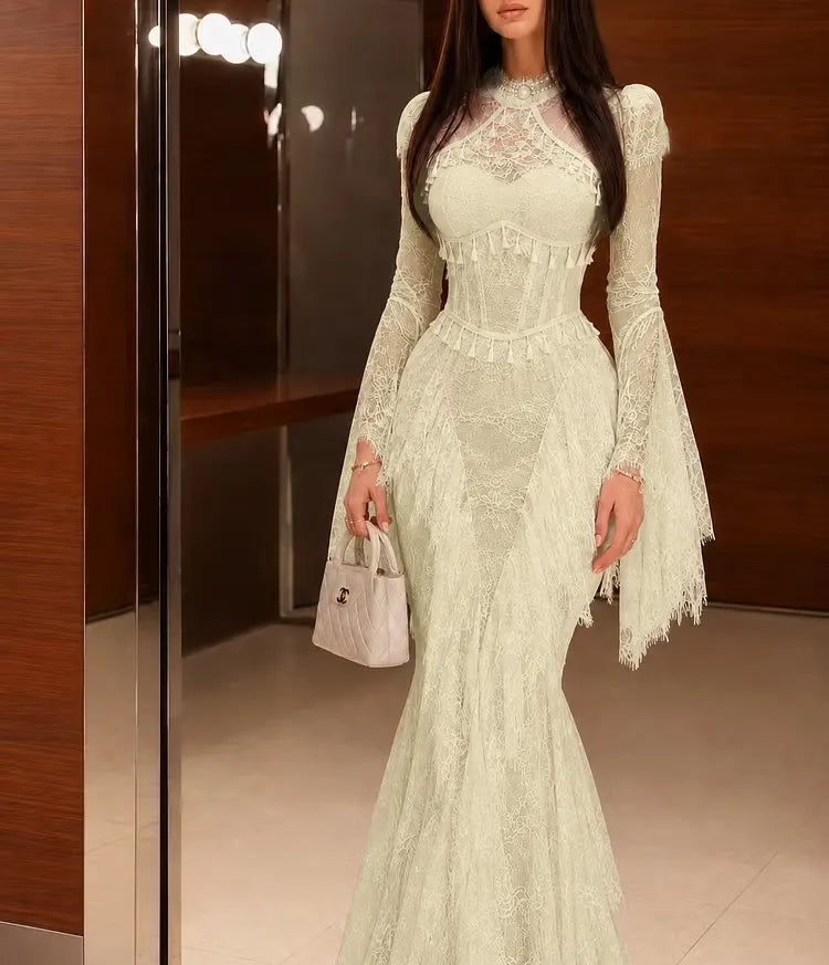 Cocoslly Long Sleeves High Waist Long Mermaid Prom Dress With Ruffles | White Lace JZ0164