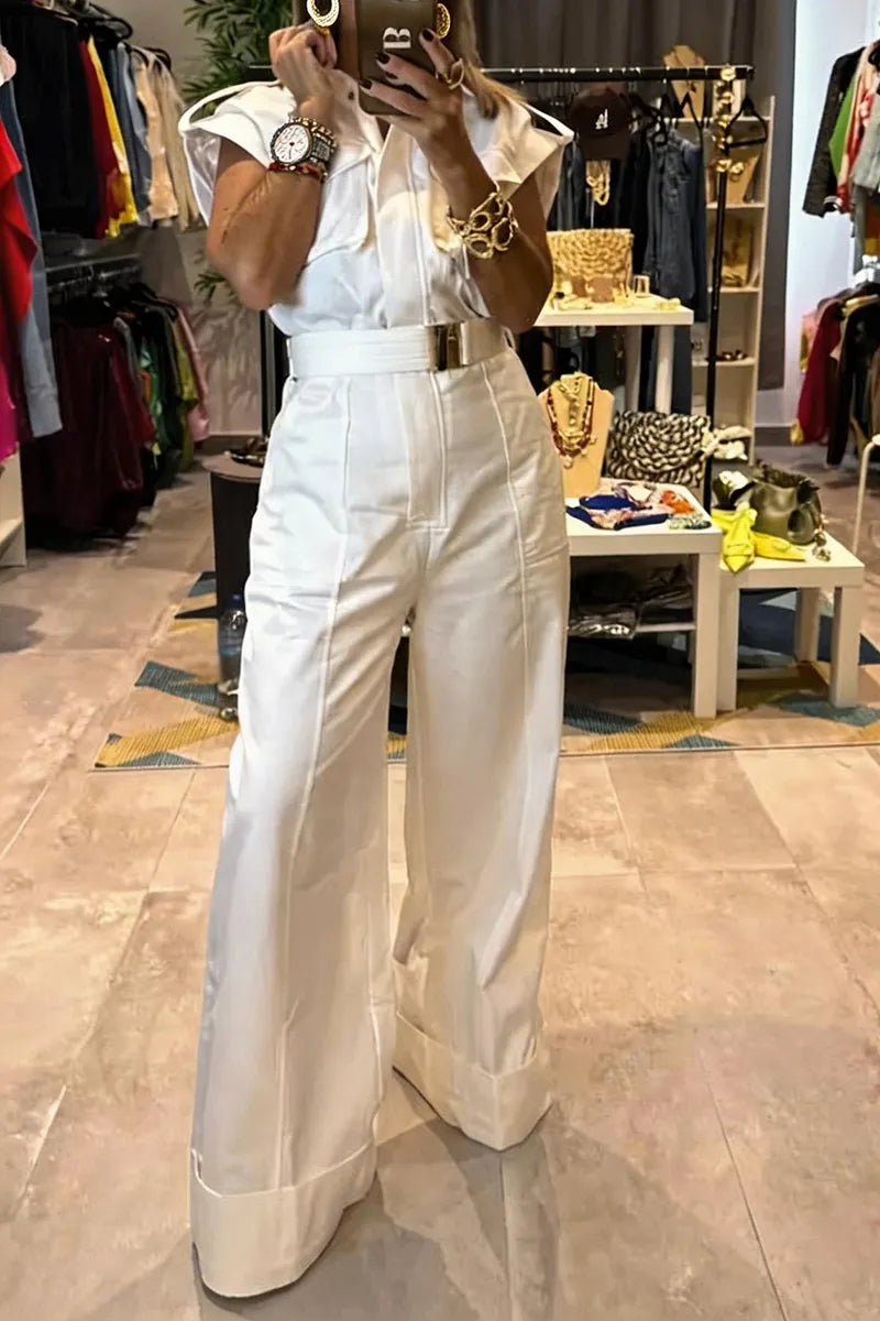 Women's Fashion Flap Pocket Wide Shoulder Wide Leg Jumpsuit with Belt