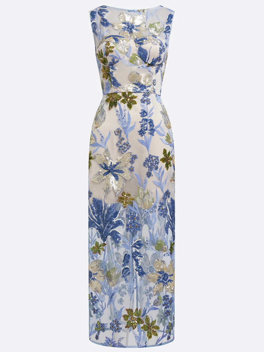 Blue Sequin Embroidery Classic Boat Neck Sleeveless Mermaid Floor-length Gown Dress
