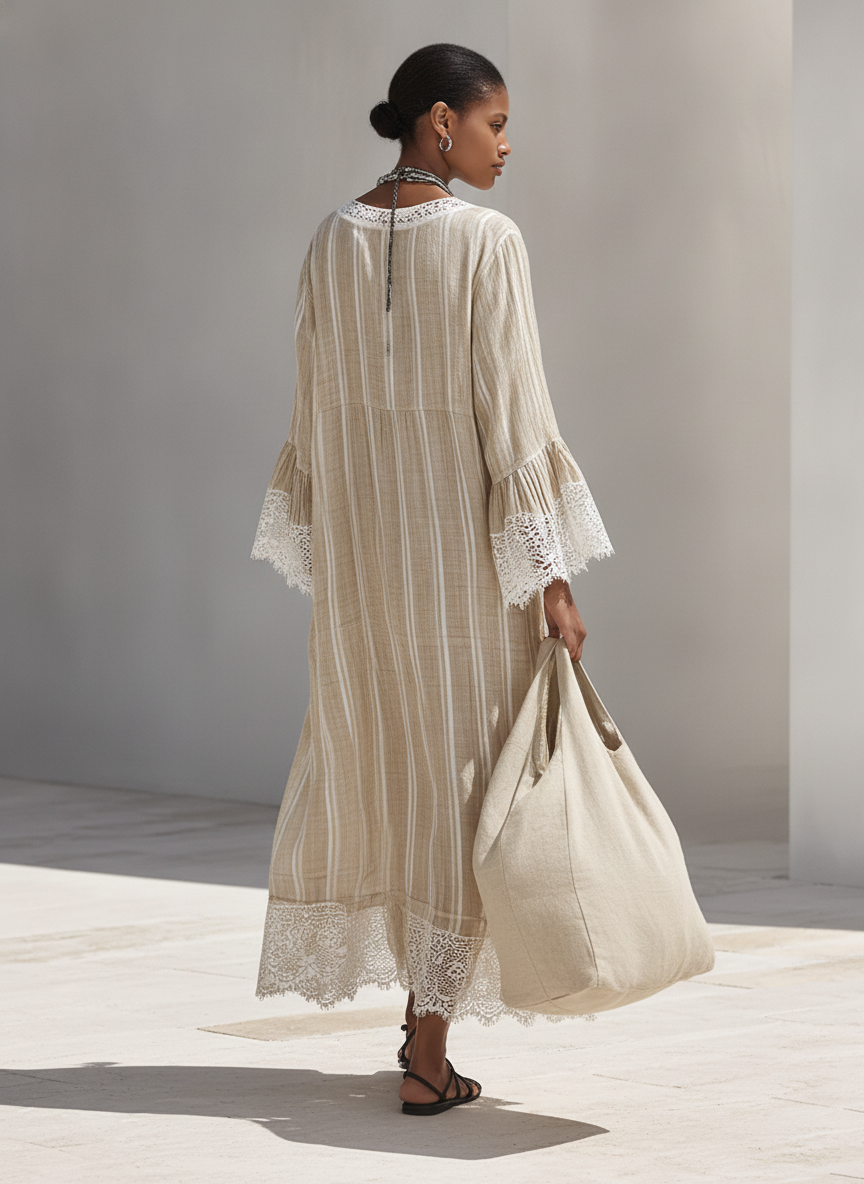 Women's Minimalist Beige Vertical-Stripe Maxi Dress With White Lace Trim And Flared Long Sleeves MDZ1745F9ZRK