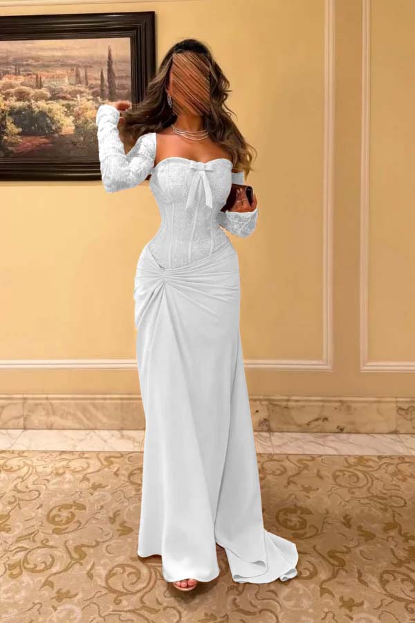 Satin And Lace Sweetheart Strapless Long Sleeves Long Pleated Mermaid Prom Dress With Bow JQ0316