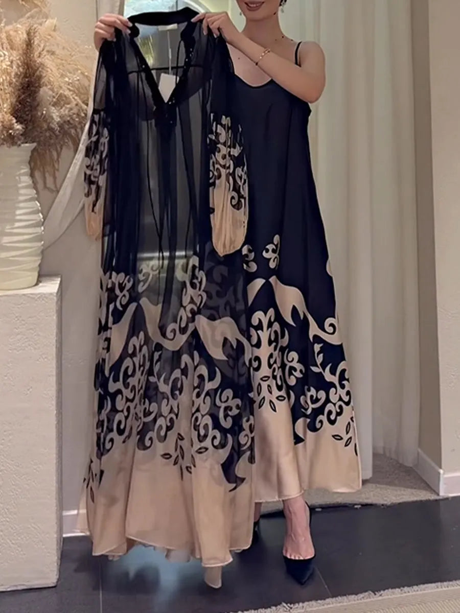 Elegant, Loose, And Comfortable Two-piece Set Featuring A Printed Chiffon Camisole Dress And A Long-sleeved Dress.