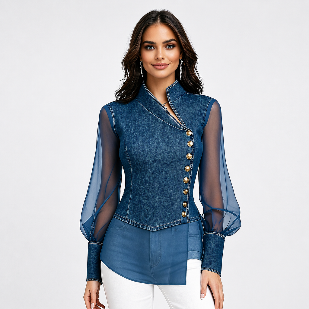 Blue Denim Sheer Mesh Blouse