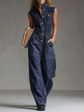 Casual Retro Multi-pocket Topstitching Dark Blue Denim Sleeveless Balloon Jumpsuit
