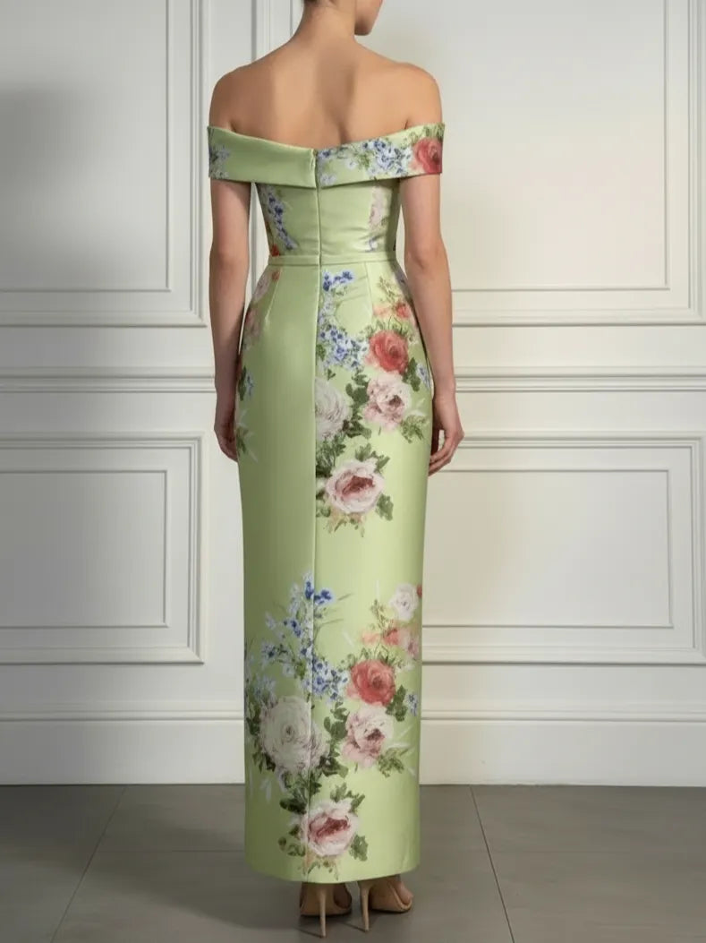 Green Floral Bow Satin Off The Shoulder Short Sleeve Sheath Maxi Dress