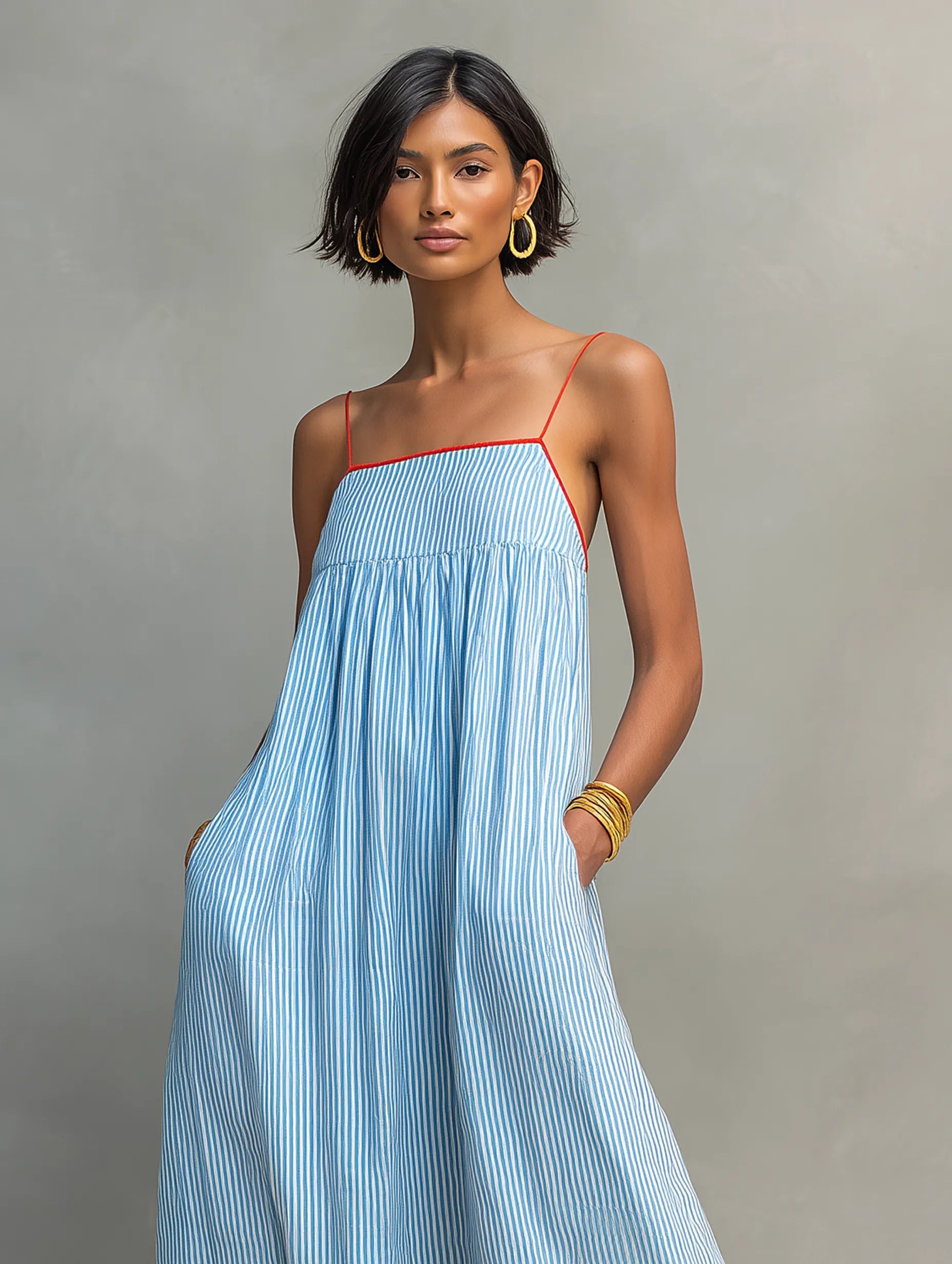 Women's Minimalist Striped Maxi Dress With Red Trim And Spaghetti Straps MDZ2710C3Y