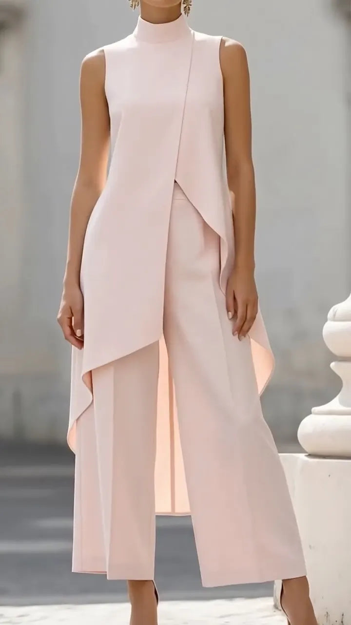 High Neck Asymmetrical Layer Vest & Wide Leg Pant Two Piece Formal Set