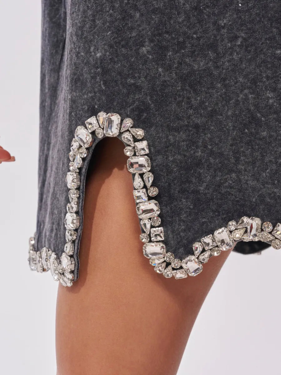 Rhinestone Trim Washed T‑Shirt Mini Dress