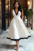 Deep V Neck Sleeveless Colorblock Bouffant Midi Dresses-White