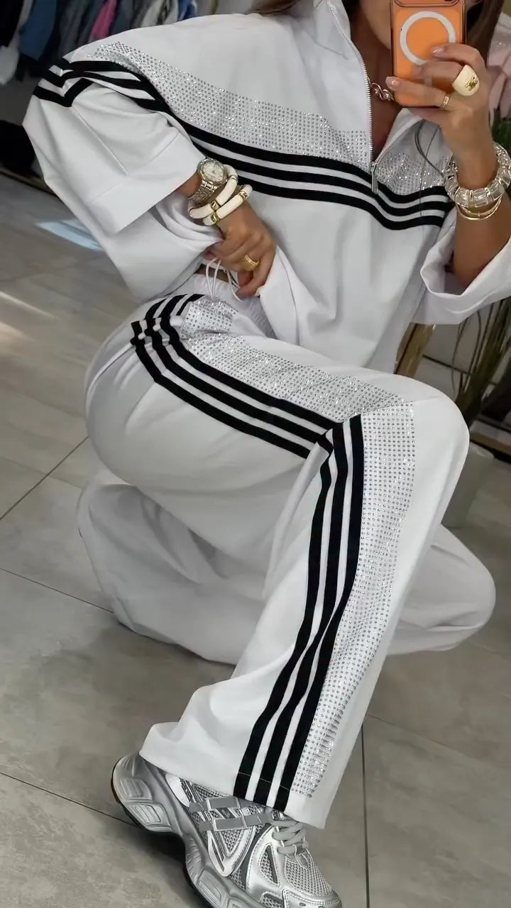 White Rhinestone-Trimmed Tracksuit Set