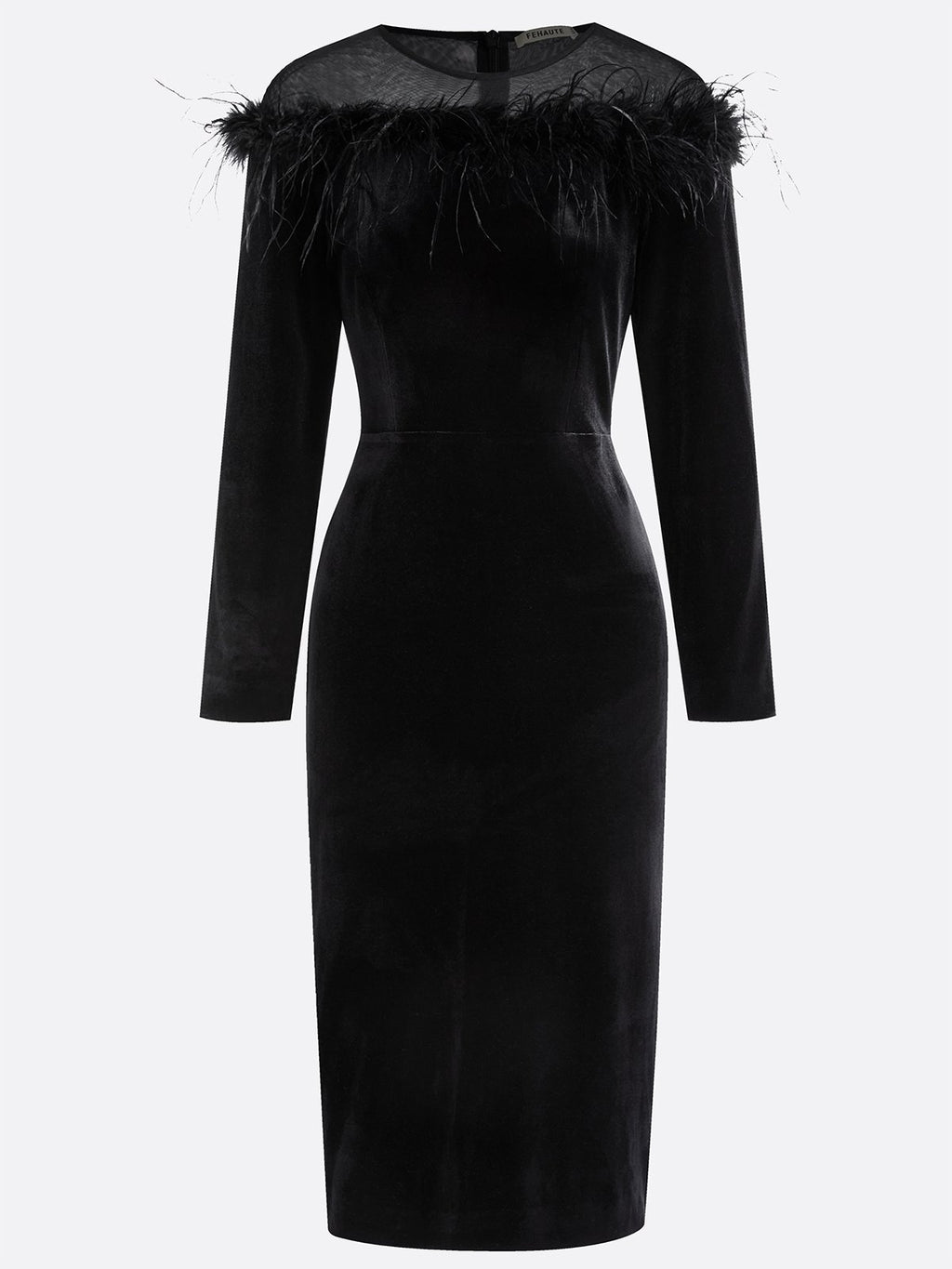 Black Feather-trimmed Mesh Velvet Crew Neck Long Sleeve Sheath Midi Dress