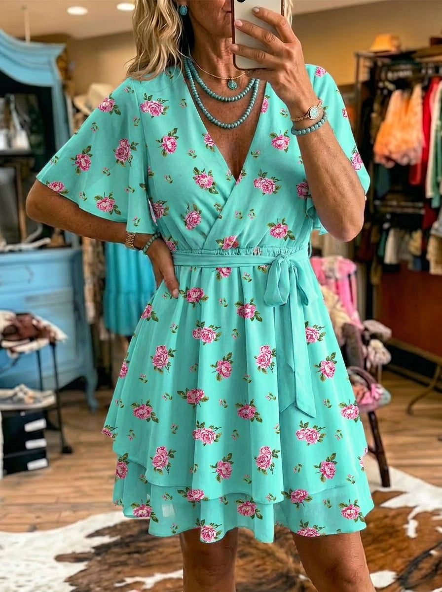 Women's V-neck Cross Tie Ruffle Chiffon Dress