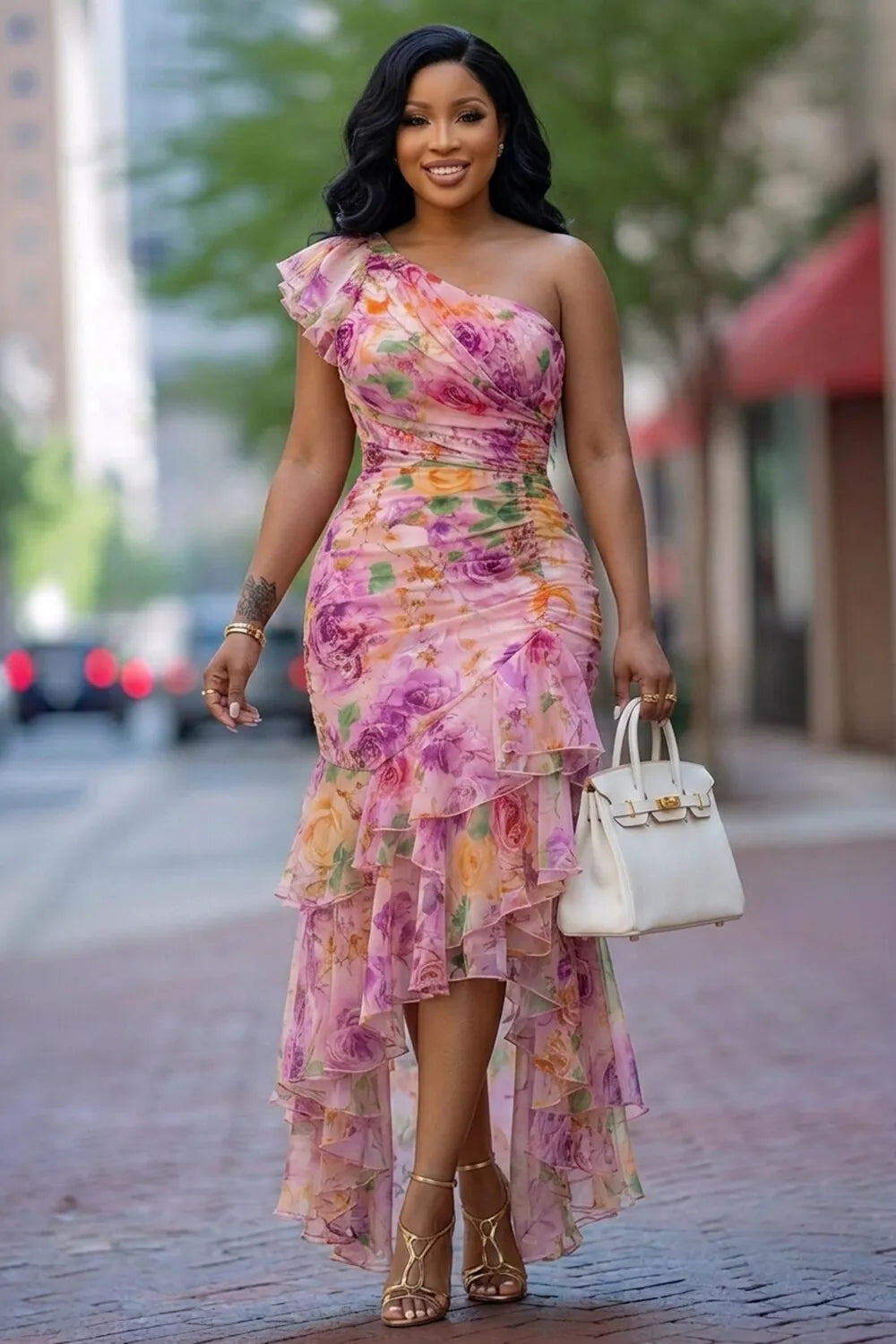 Floral One Shoulder Irregular Ruffle Hem Midi Dresses-Purple [Pre Order]