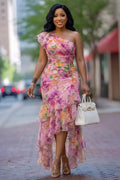 Floral One Shoulder Irregular Ruffle Hem Midi Dresses-Purple [Pre Order]