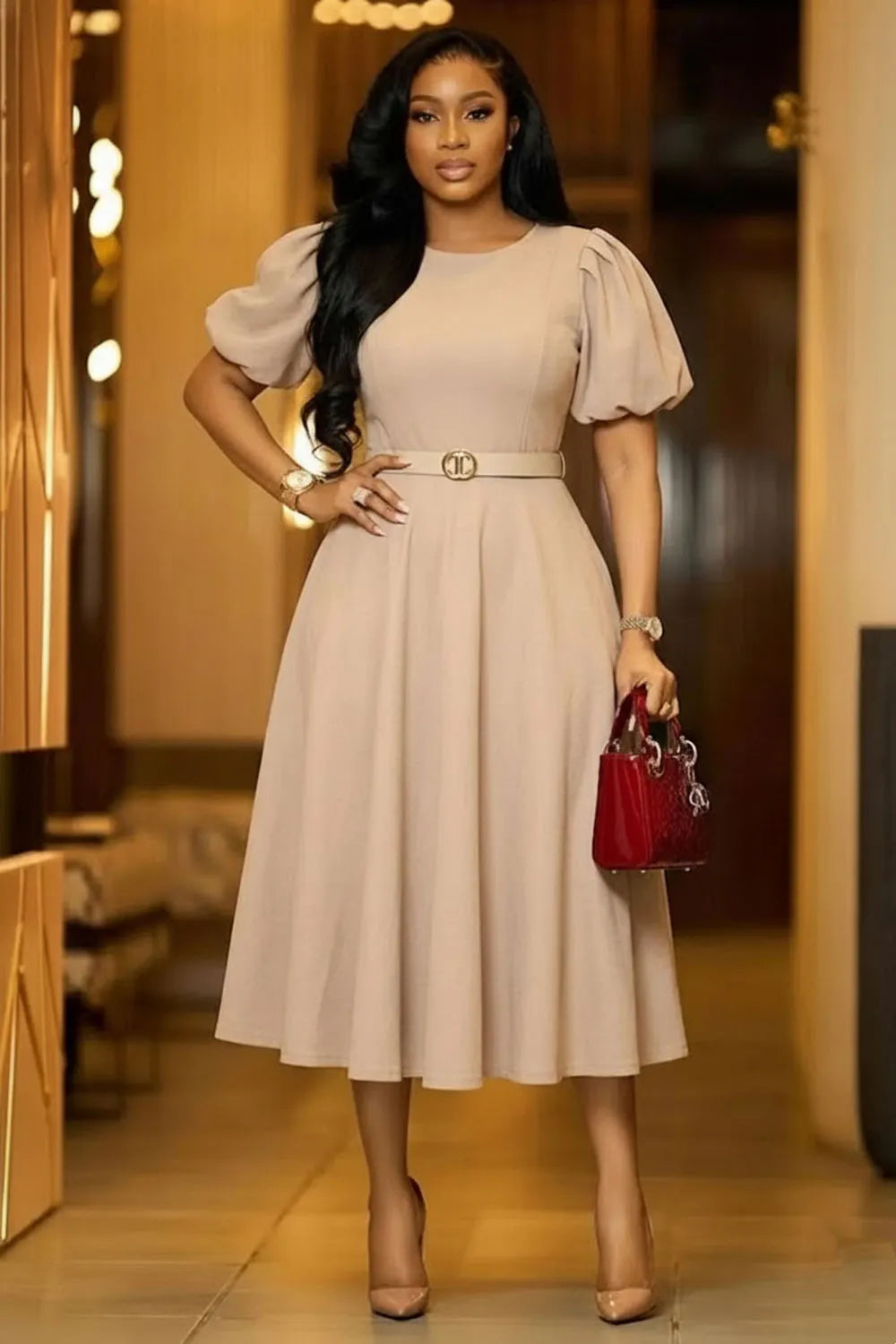 Round Neck Puff Short Sleeve Solid Color A-Line Gowns Midi Dresses-Apricot