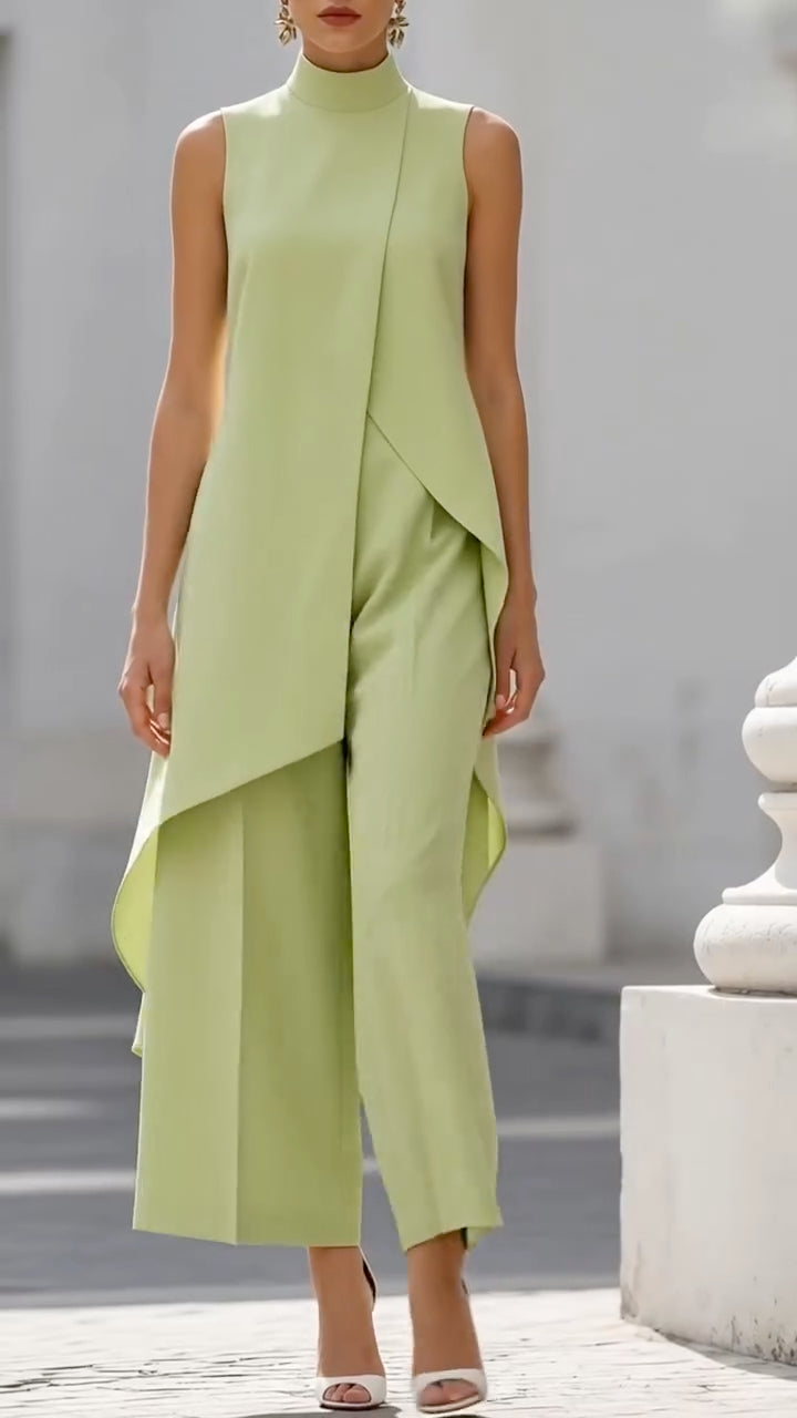 High Neck Asymmetrical Layer Vest & Wide Leg Pant Two Piece Formal Set