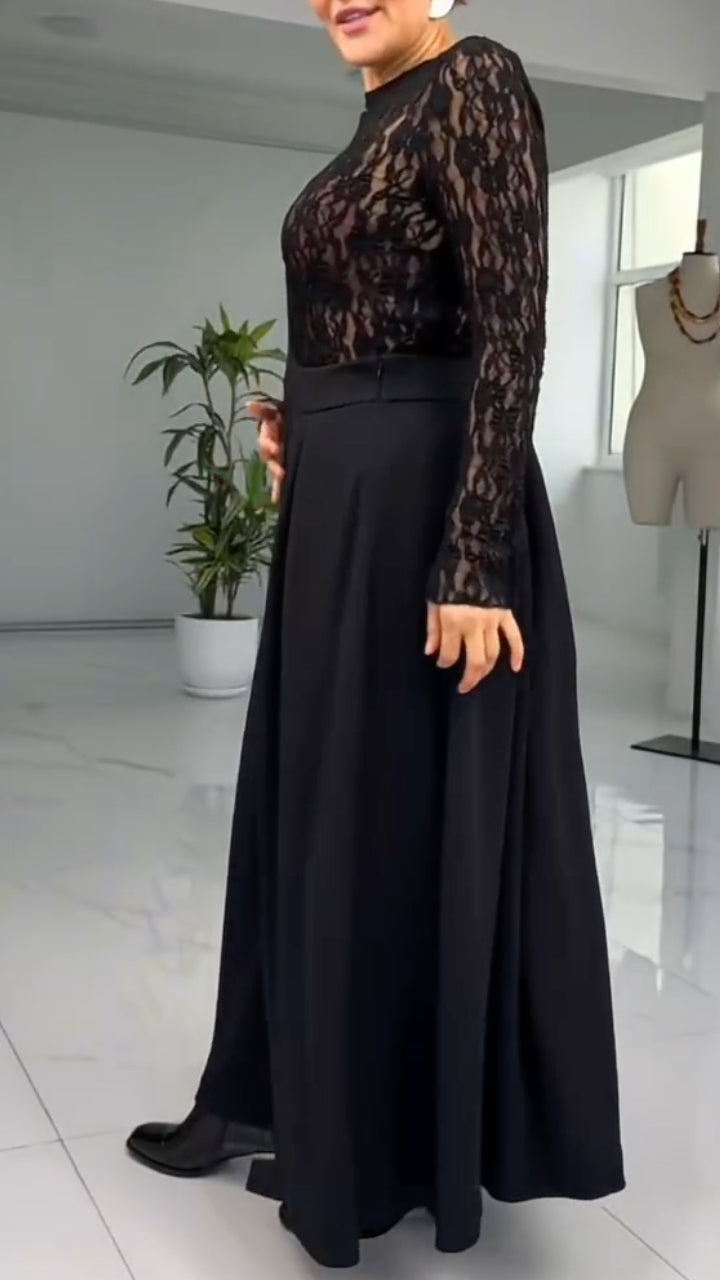 Lace Long Sleeve Suspender Pleated Maxi Dress