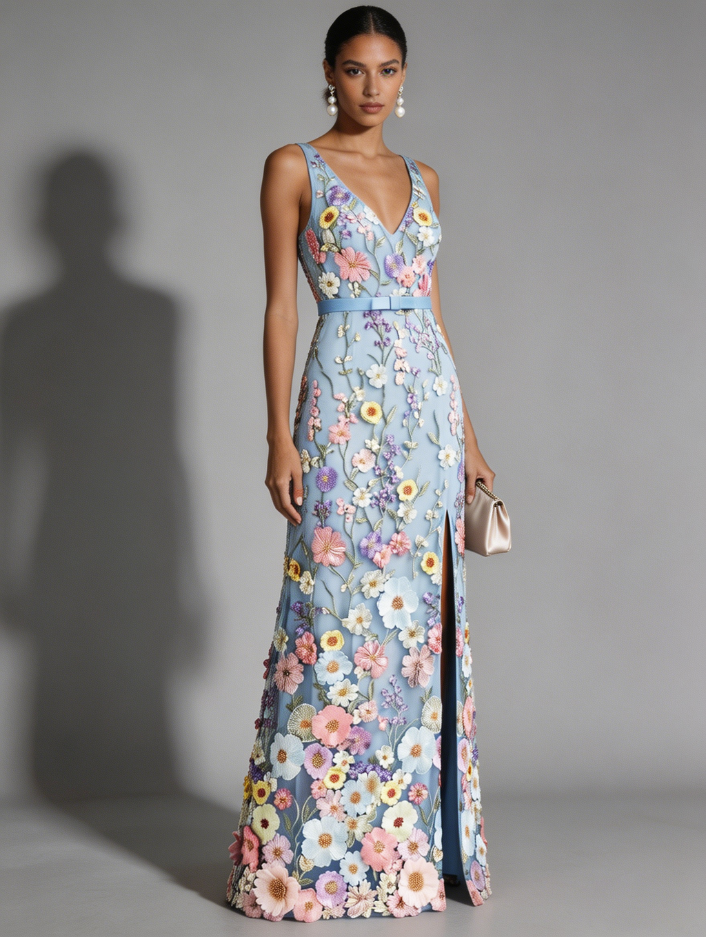 Light Blue Floral Embroidered Classic V Neck Sleeveless A-Line Floor-length Gown Dress