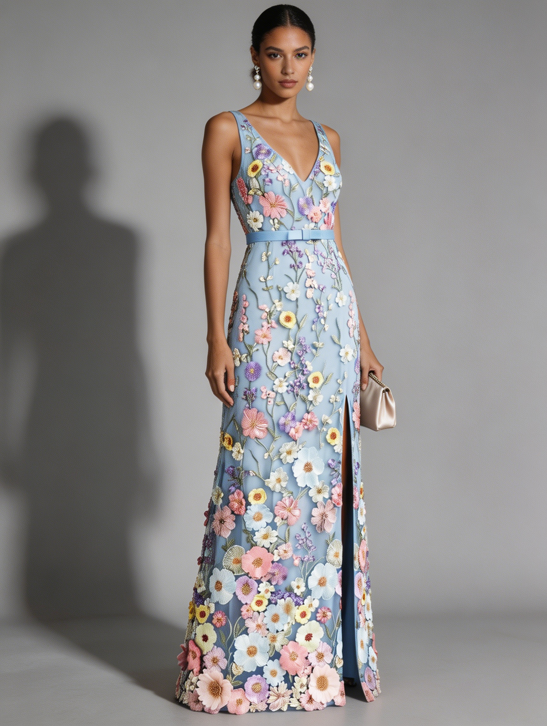 Light Blue Floral Embroidered Classic V Neck Sleeveless A-Line Floor-length Gown Dress