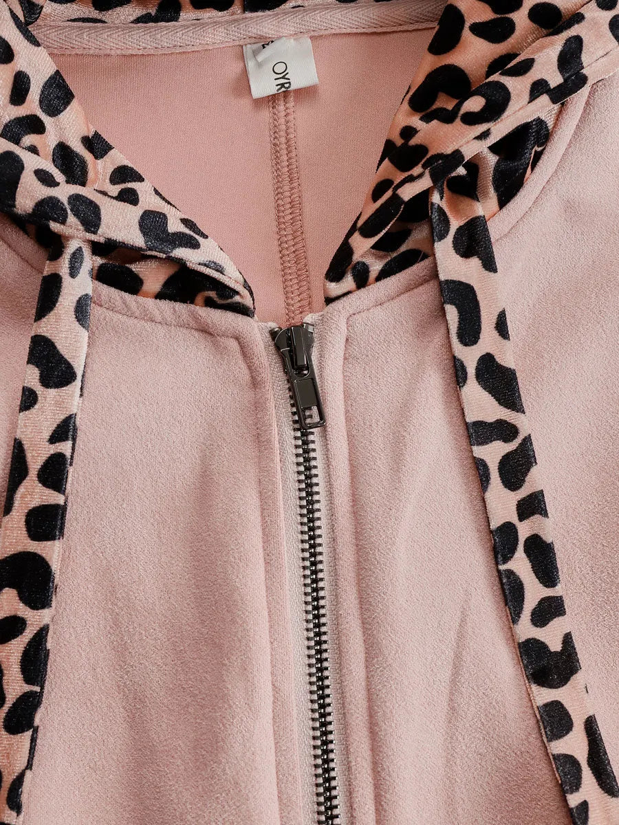 Western Retro Pink Faux Suede Sleeveless Leopard Print Hooded Wide-Leg Jumpsuit
