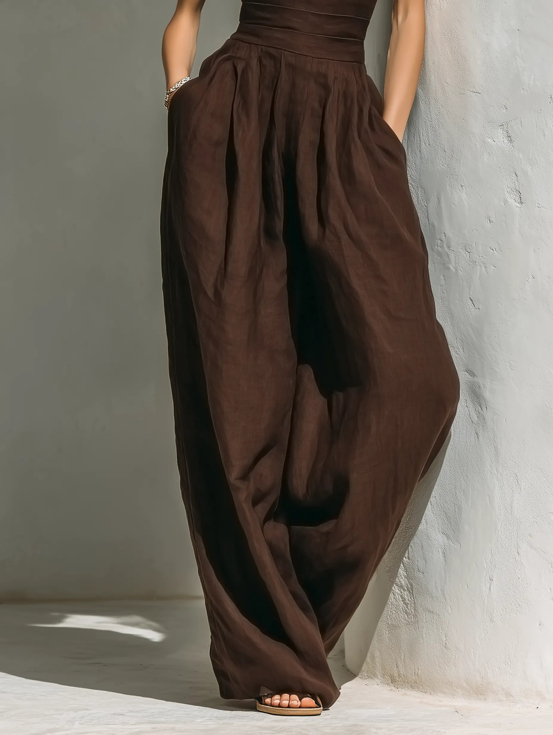 Women's Minimalist Linen Blend Jumpsuit With Cap Sleeves And Wide Legs MDZ0863A5Y