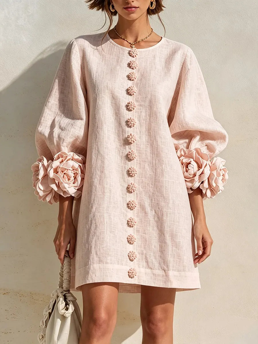 Romantic Blush 3D Floral Sleeve Mini Dress