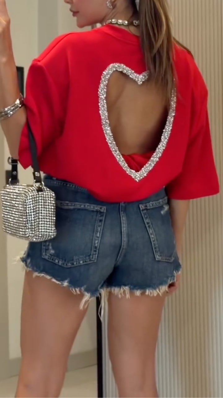 Heart Rhinestone Cutout T‑Shirt & Denim Shorts